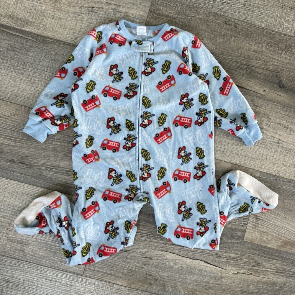 Vintage Fire Truck Bear Sleeper Footed Pajamas Size 3T Zip Up Fleece Boys Blue